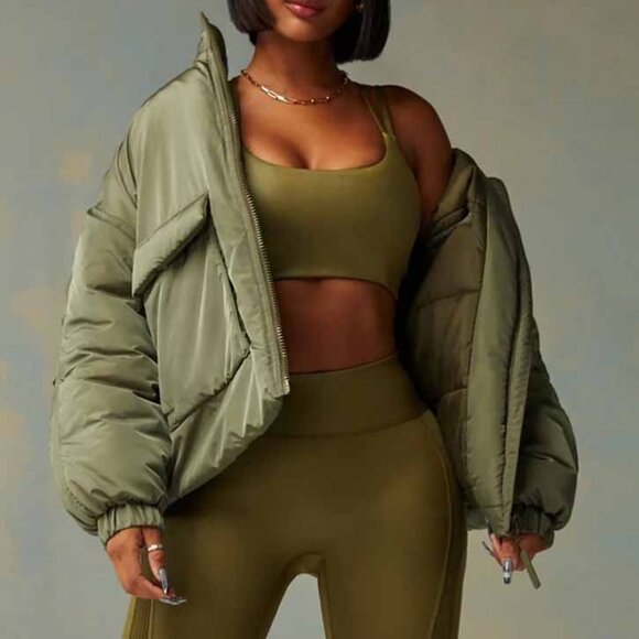 NEW Fabletics Khloe Kardashian All Weather Puffer Jacket Dark Moss Shine XXL 1X - Picture 4 of 16